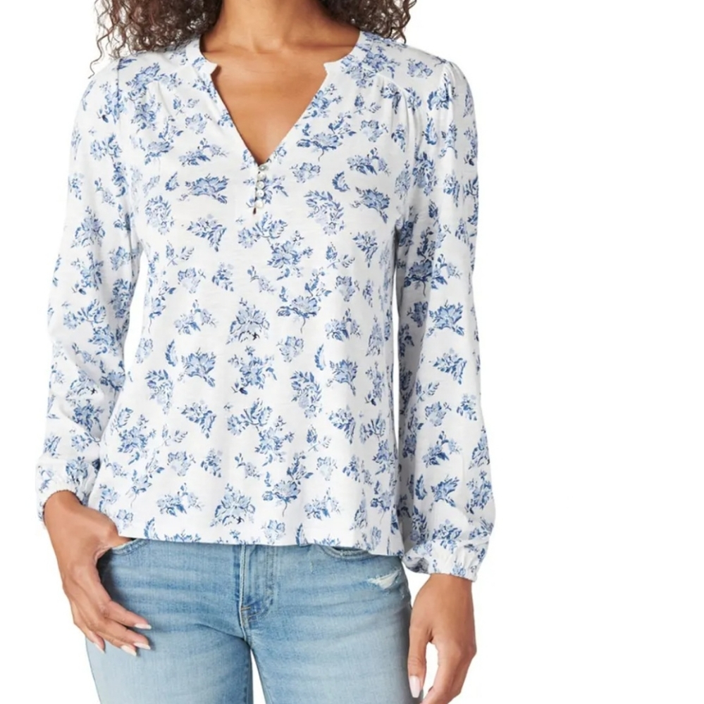 Lucky brand blue Floral Knit Peasant Top